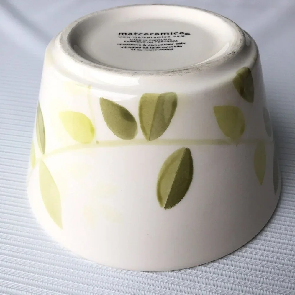 Matceramica Portugal Deep Bowl Soup Cereal Salad White Green Plant Leaf Pattern